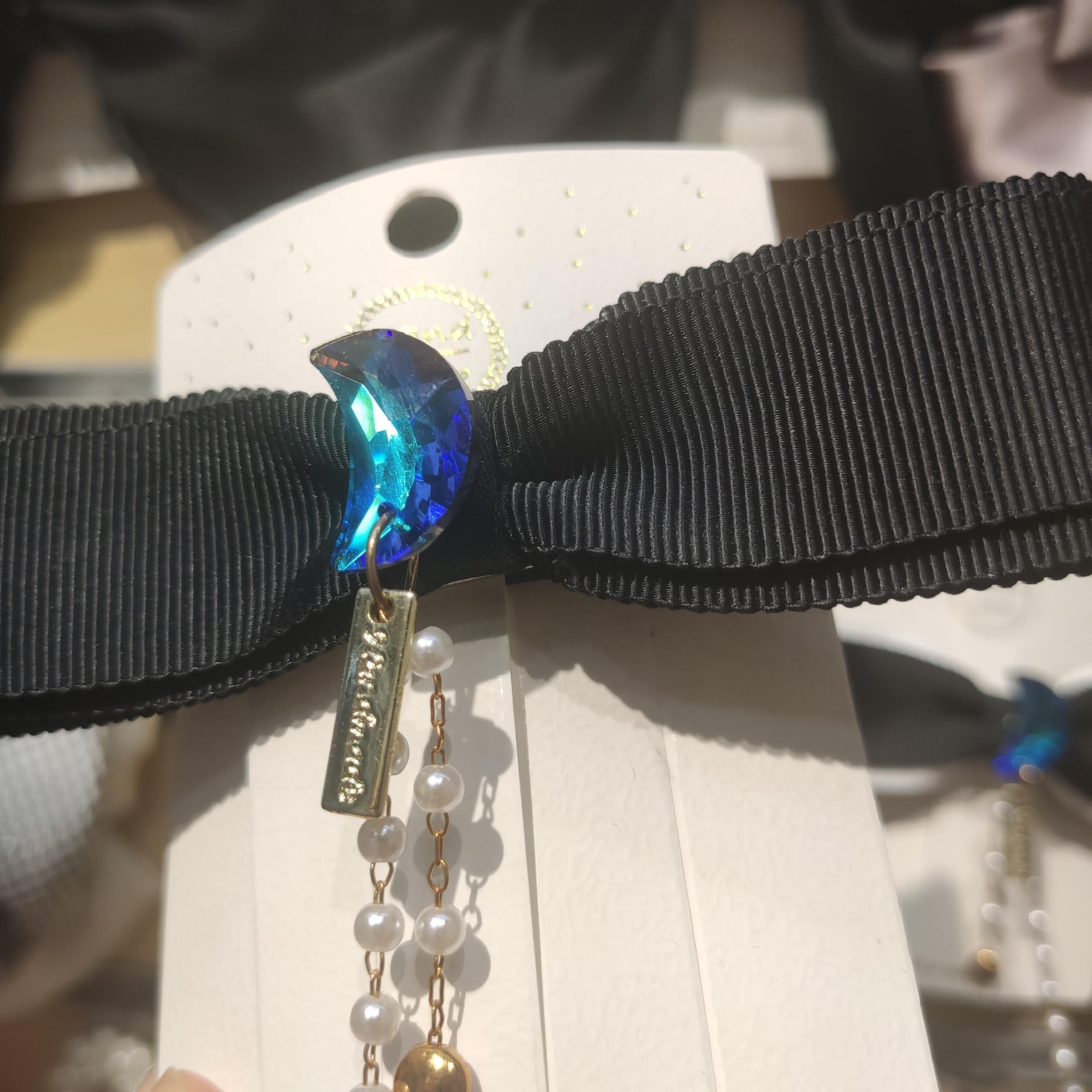 Real Blue Crystal Meniscus Pearl Pendant Black Bow Shark Clip Grab Clip Hair Tiara