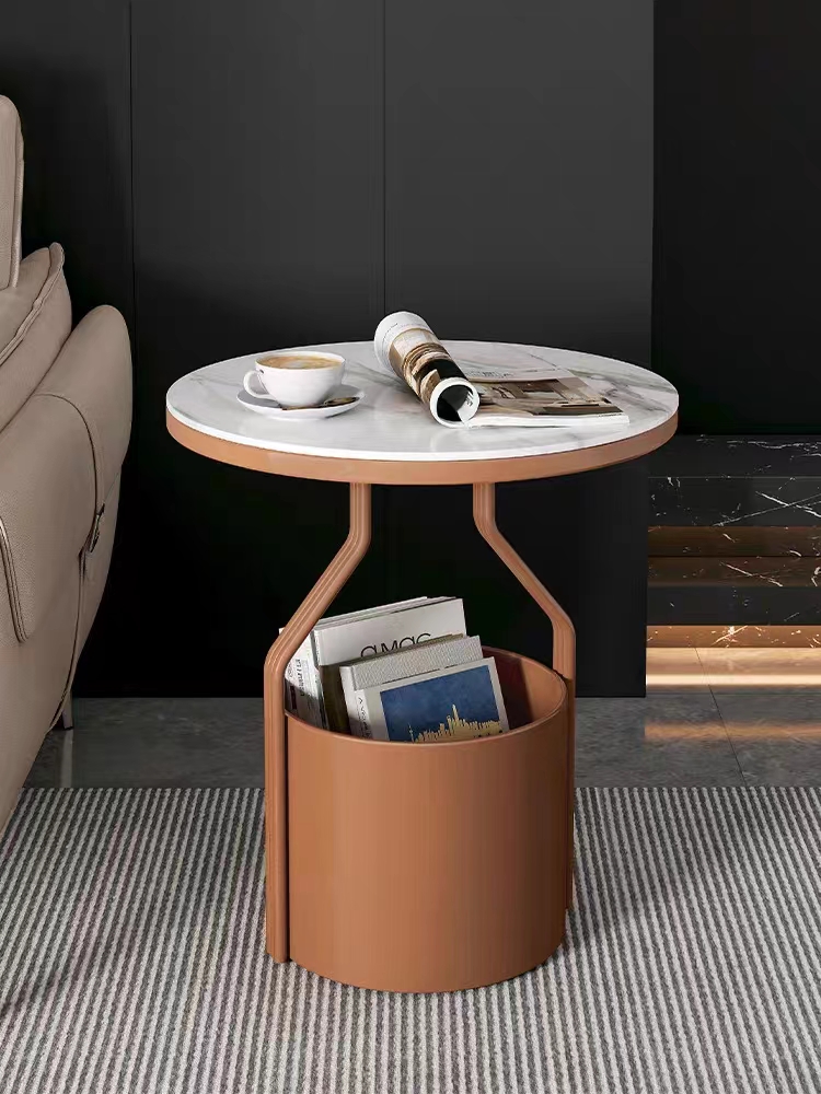 Light luxury rock plate sofa side table, simple glass round minimalist corner table, creative coffee table, balcony bedside small round table pic 2
