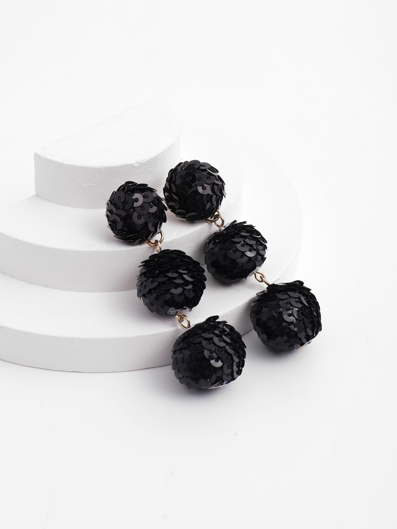 New black sequined round long women's stud earrings with a sparkling and exaggerated personality, exuding a retro and high-end feel from Europe and America Specification image