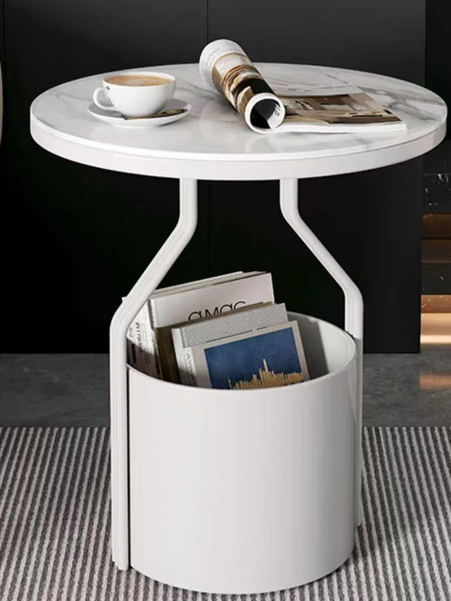 Light luxury rock plate sofa side table, simple glass round minimalist corner table, creative coffee table, balcony bedside small round table pic 3