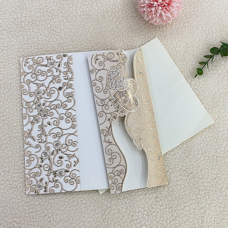 Factory direct sales of high-end African and Central European style elegant embossed three-dimensional flower double heart hollowed-out long pull-out wedding invitations, thank-you invitations, invitation letters and greeting cards Item Picture