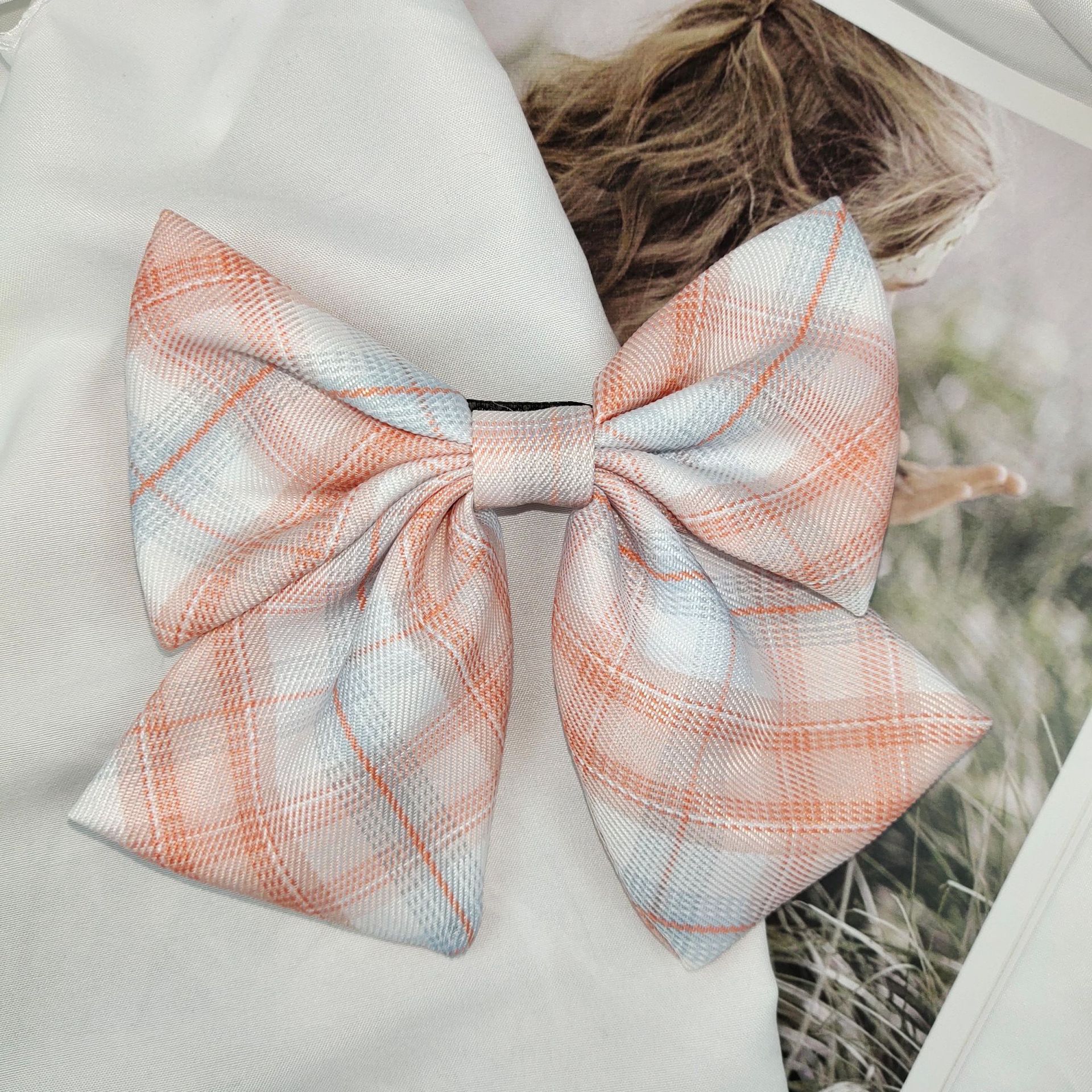 Jk Uniform Plaid Skirt Plaid Bow Hairpin Pink Influencer Big Bow Girly Day Hair Tie Headpiece