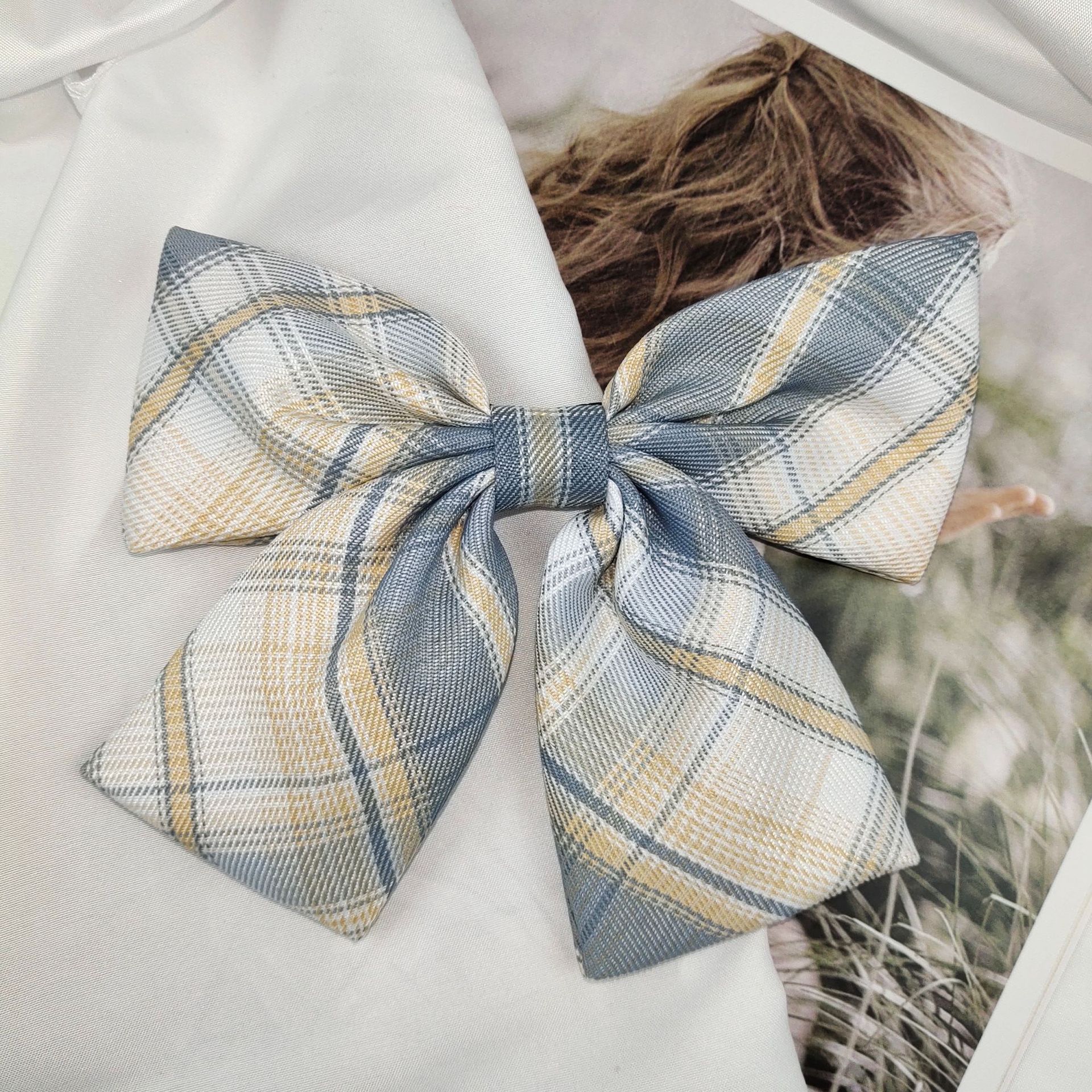 Jk Uniform Plaid Skirt Plaid Bow Hairpin Lemon Sea Salt Net Red Large Bow Girly Day Hair Tie Headpiece