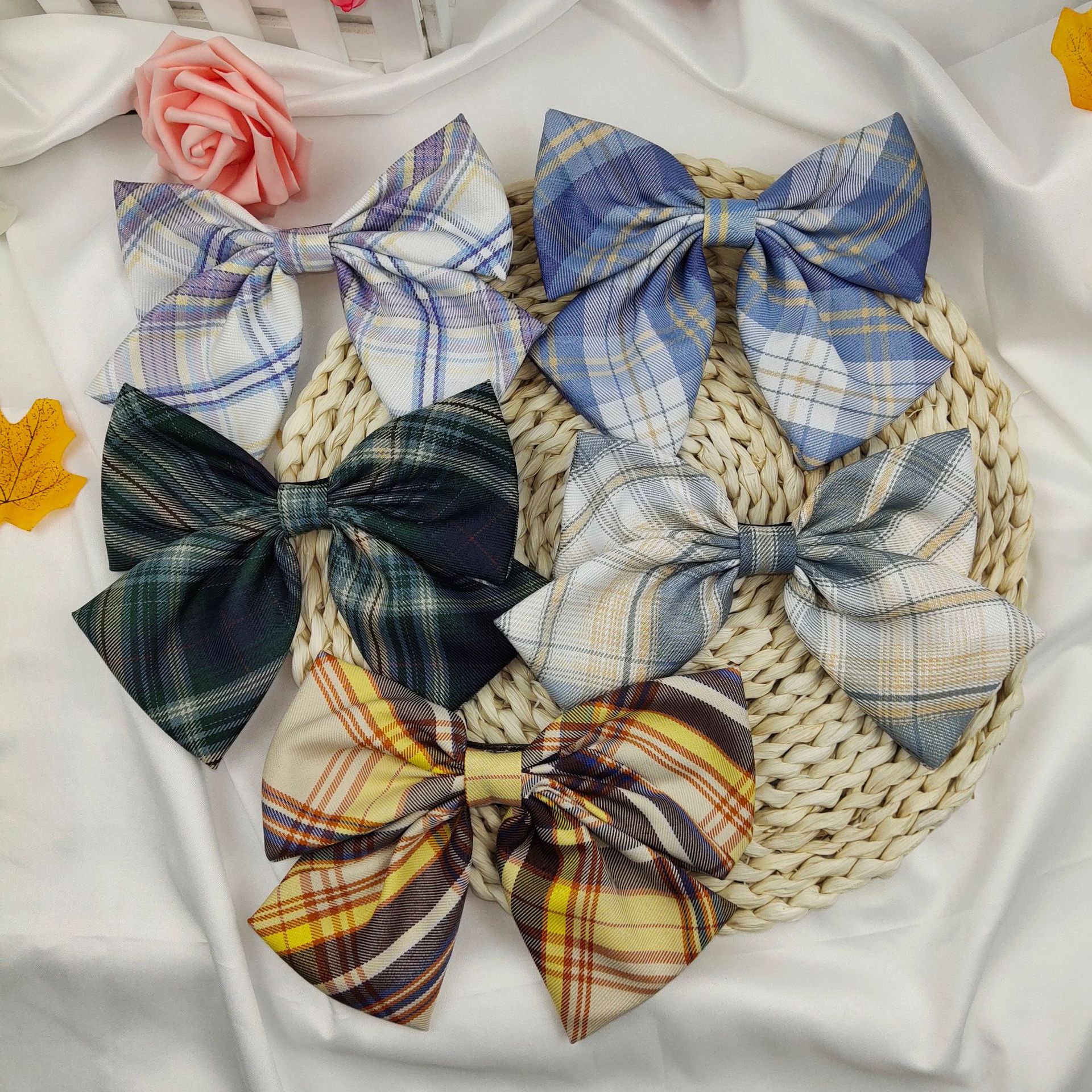 Jk Uniform Plaid Skirt Plaid Bow Hairpin Lemon Sea Salt Net Red Large Bow Girly Day Hair Tie Headpiece details Picture