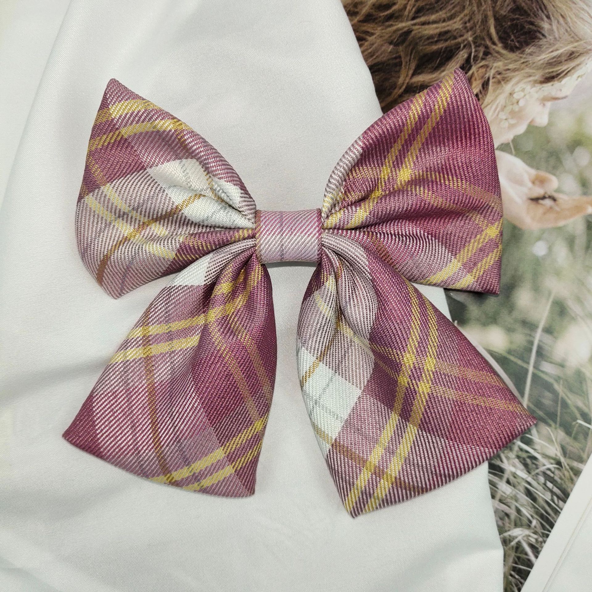 Jk Uniform Plaid Skirt Plaid Bow Hairpin Raspberry Internet Red Large Bow Girly Day Hair Tie Headpiece