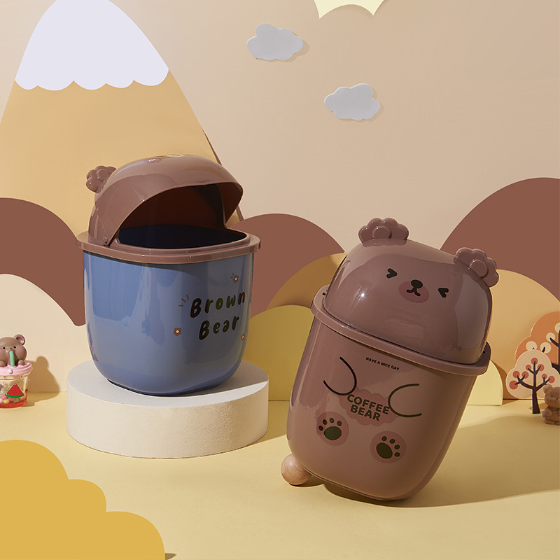 M04-8778小熊迷你桌面垃圾桶带盖收纳筒翻盖杂物筒办公室纸篓