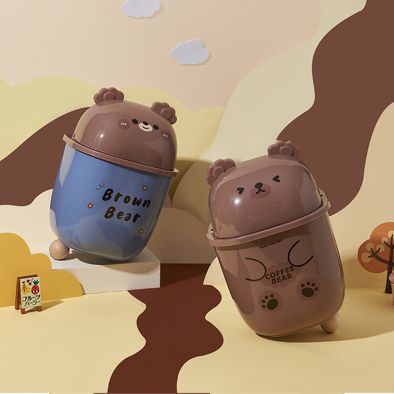 M04-8778小熊迷你桌面垃圾桶带盖收纳筒翻盖杂物筒办公室纸篓详情图1