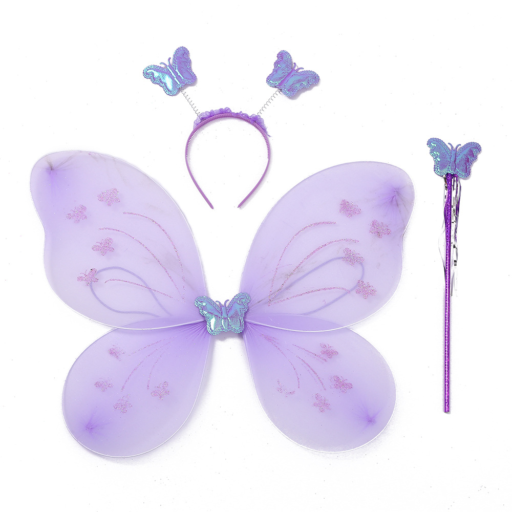新款浅紫色翅膀蝴蝶儿童背饰魔法棒头饰花仙子玩具儿童三件套厂家批发                            
