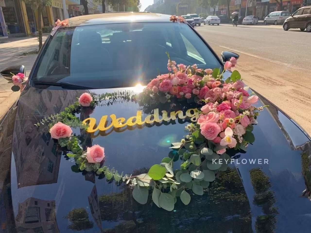 Wedding car flower mud with suction cup, a popular large heart ring wedding car decoration front flower car flower mud suction cup detail image 5