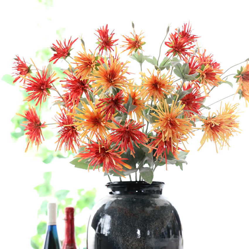 Artificial flower, fresh and light crab claw chrysanthemum, home soft decoration, living room decoration, hand feel, artificial flower, 3-head plant, hairy stem ball chrysanthemum, wedding