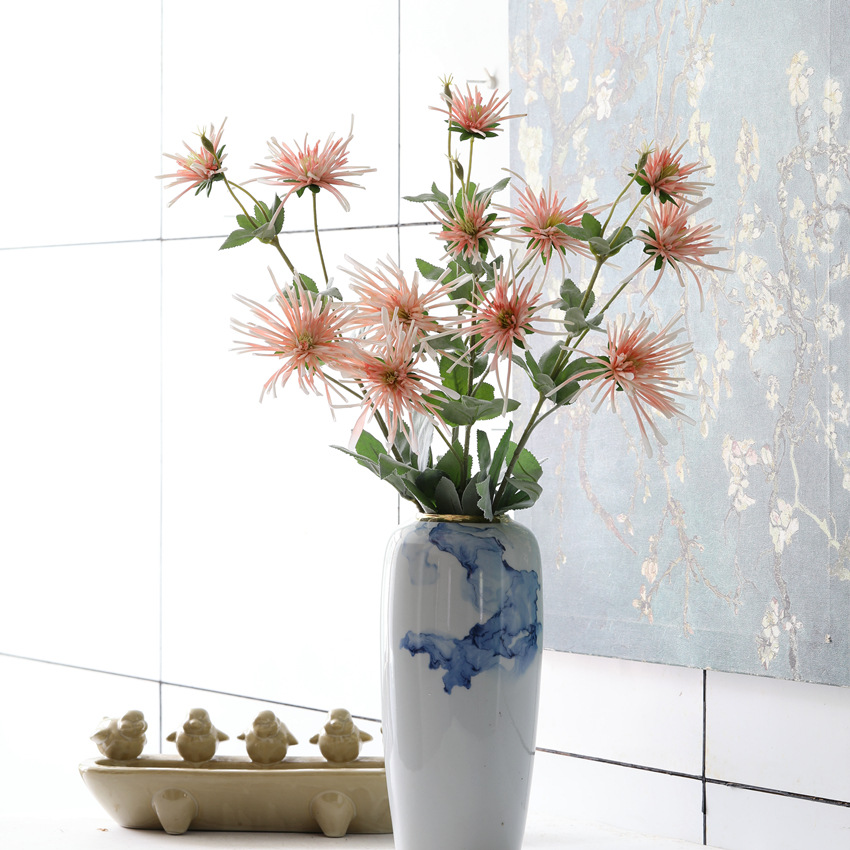 Artificial flower, fresh and light crab claw chrysanthemum, home soft decoration, living room decoration, hand feel, artificial flower, 3-head plant, hairy stem ball chrysanthemum, wedding pic 1