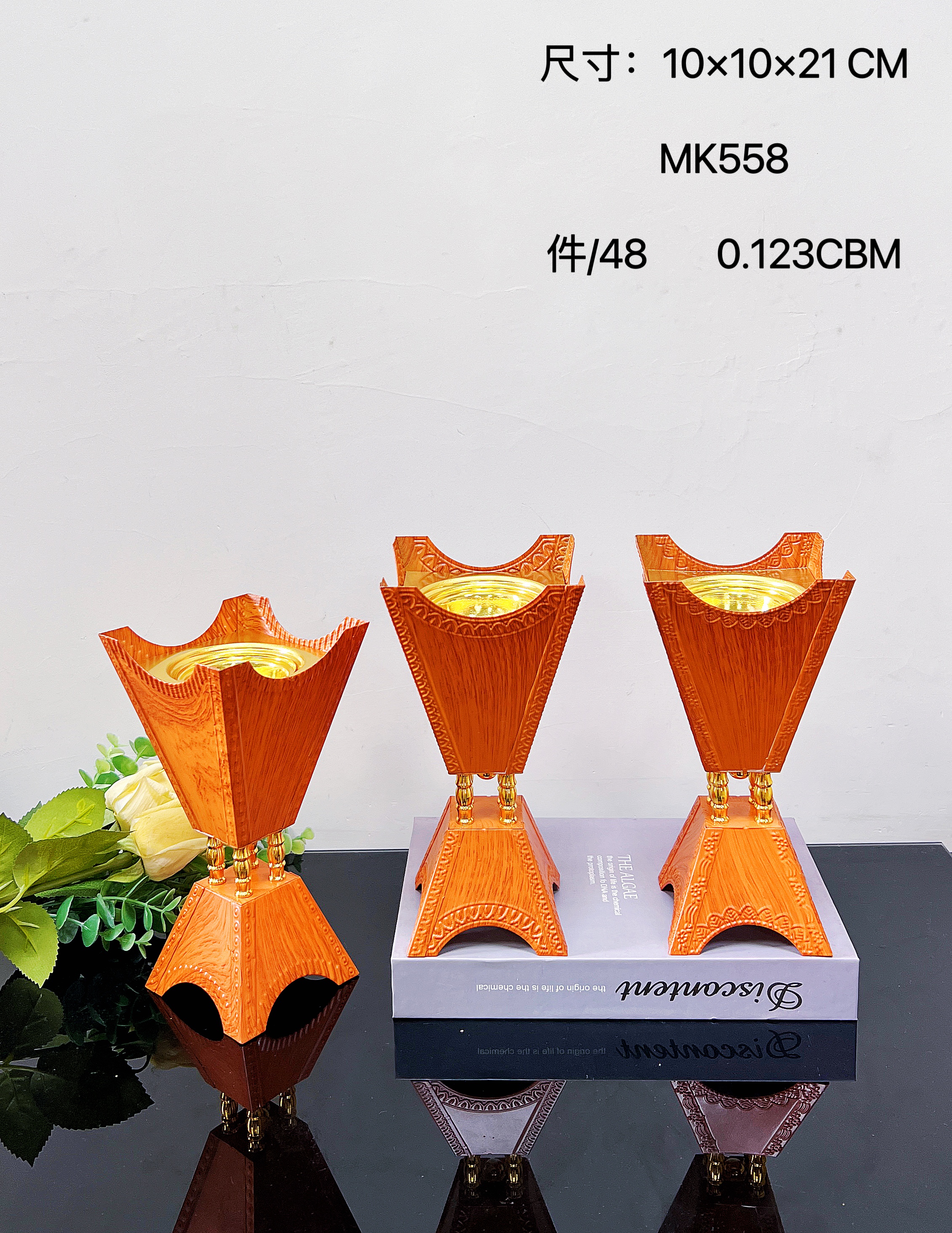 Hot-selling, simple and new four-corner alloy incense burner, wood-grain charcoal burner gift and handicraft details Picture