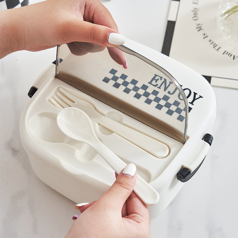 J06-6430 Outdoor compartments Lunch box, microwave oven heating lunch box, student portable lunch box, preservation box, black and white compartments simple style lunch box with fork and spoon, advertising promotion, suitable gift, large capacity food-grade lunch box Application Scenario
