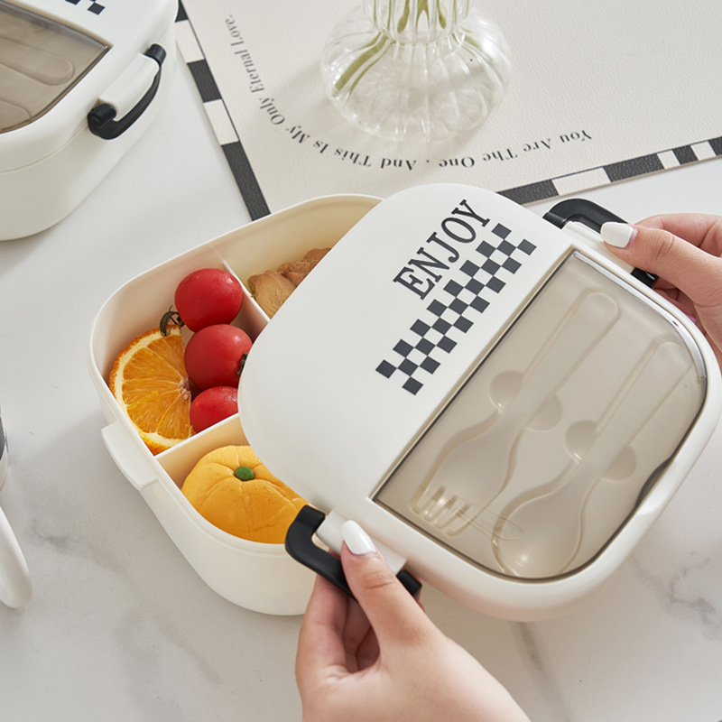 J06-6430 Outdoor compartments Lunch box, microwave oven heating lunch box, student portable lunch box, preservation box, black and white compartments simple style lunch box with fork and spoon, advertising promotion, suitable gift, large capacity food-grade lunch box details Picture