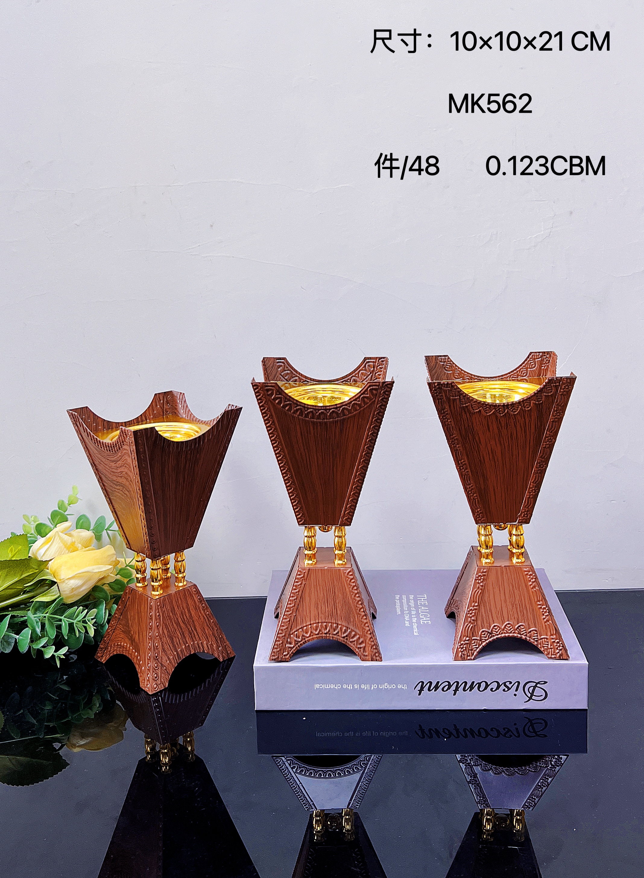 Hot-selling, simple and new four-corner alloy incense burner, wood-grain charcoal burner gift and handicraft Specification image