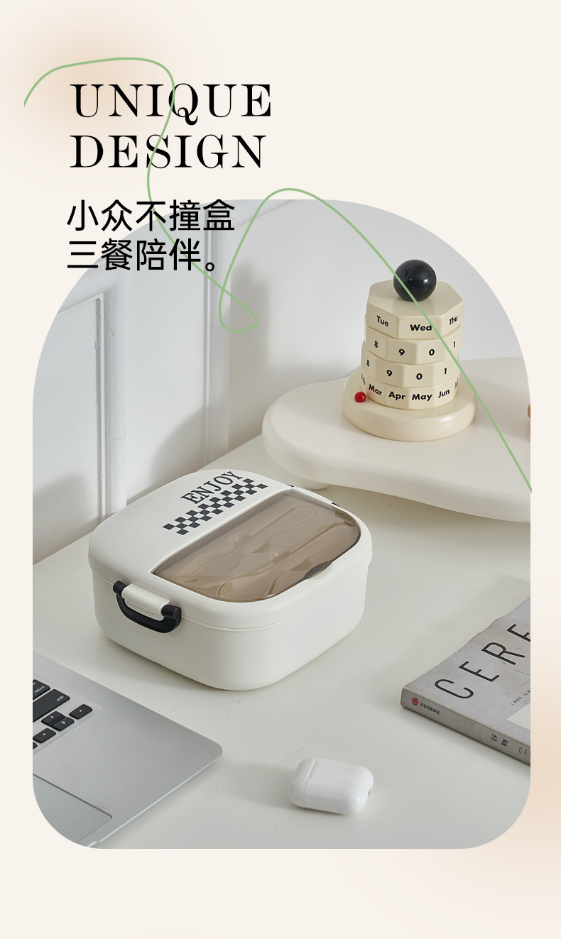 J06-6430 Outdoor compartments Lunch box, microwave oven heating lunch box, student portable lunch box, preservation box, black and white compartments simple style lunch box with fork and spoon, advertising promotion, suitable gift, large capacity food-grade lunch box detail image 11