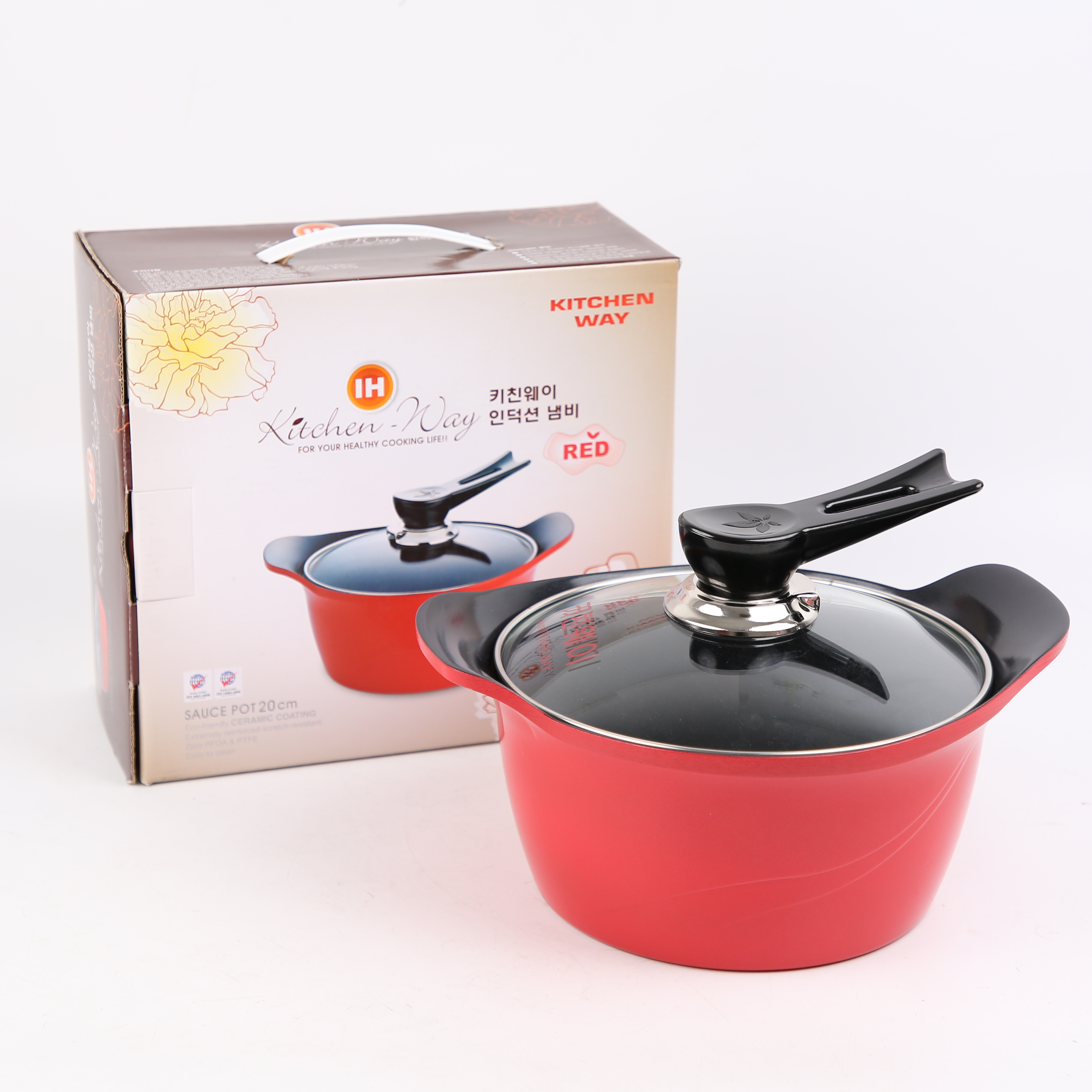 Kitchen Code: Korean original imported red universal glass lid double-handled soup pot, 20cm pic 6