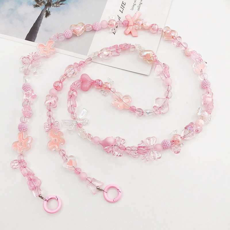 Pink New Mixed Color Series Beaded Crossbody Chain Acrylic Hand-Painted Beads Mobile Phone Chain Mobile Phone Case Lashing Pendant