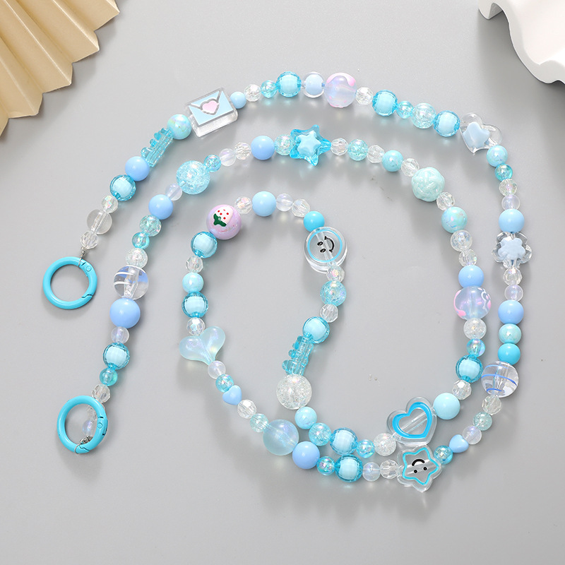 Light Blue New Mixed Color Series Beaded Crossbody Chain Acrylic Hand-Painted Beads Mobile Phone Chain Mobile Phone Case Lange Pendant