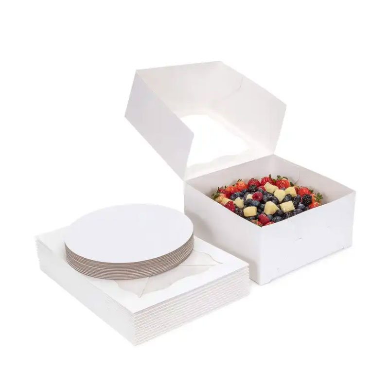 white color 10x10x5 inch paperboard bakery cake packaging boxes with window and cake board full figure