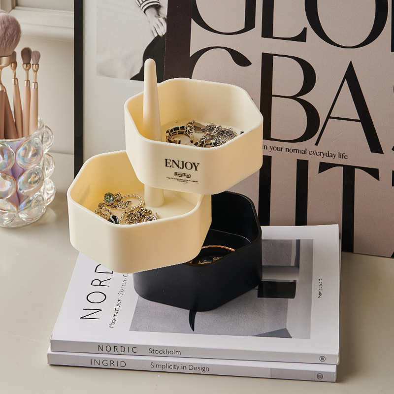 J06-6756-3 Cream Style Rotating Jewelry Box, Jewelry Storage box, Multi-layer necklace rack, Desktop jewelry box, Earrings Storage Box, Desktop Rotatable jewelry storage box details Picture