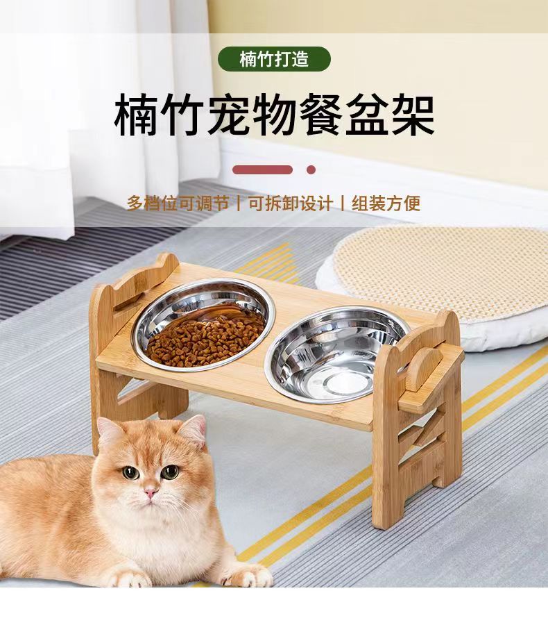 竹木猫狗双碗食盆架宠物狗猫咪饭盆可多项调节斜口平口防打翻详情1