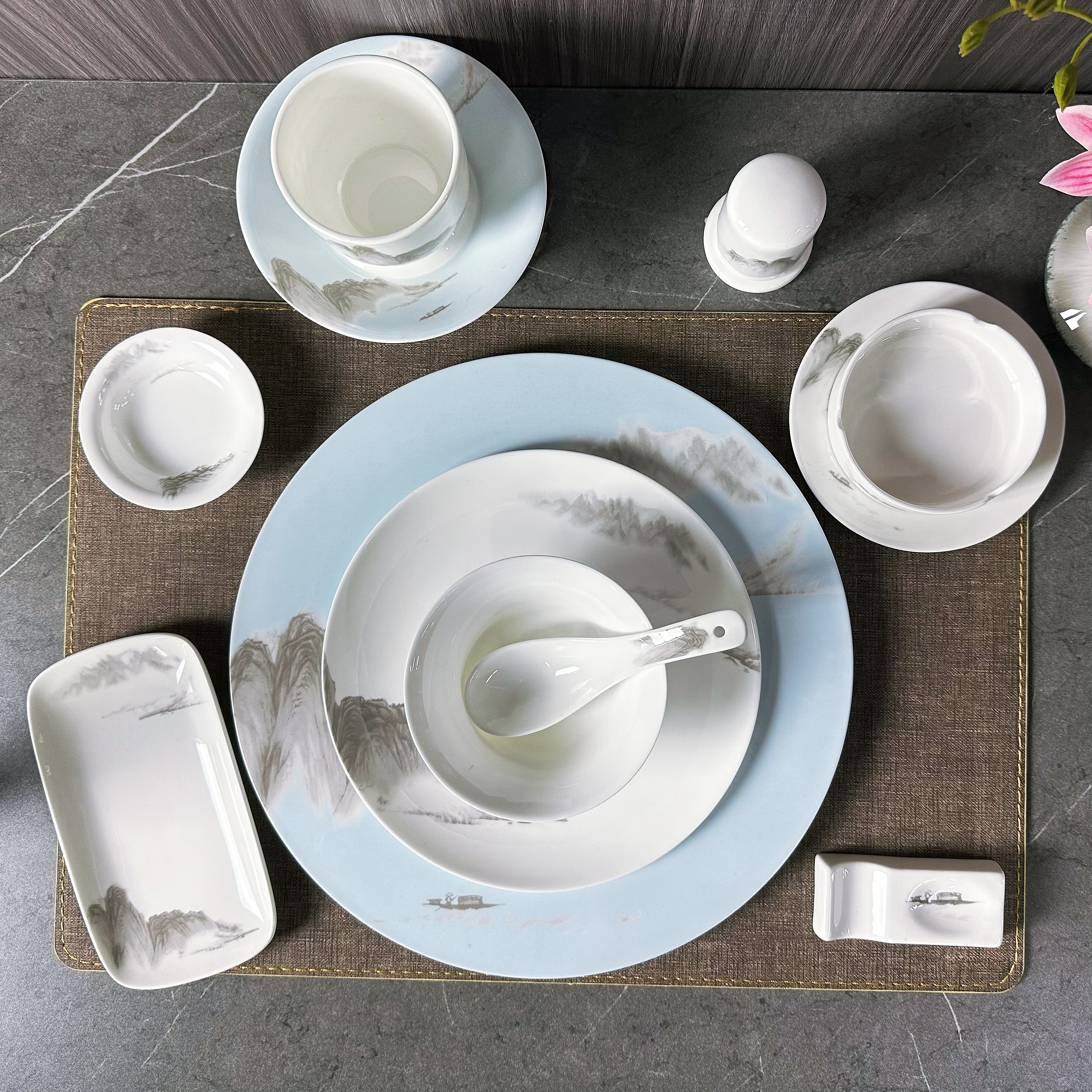 "Green Mountains and Clear Waters Series Ceramic Tableware Set of 12 pieces, Chinese ink-wash style, hotel, restaurant, banquet, commercial and household.