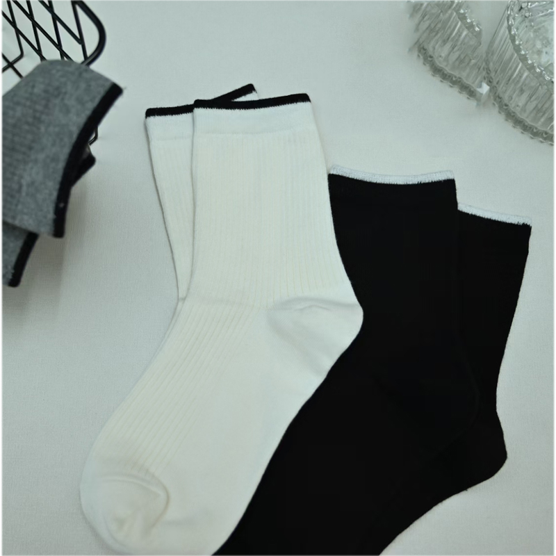 黑色简约纯色袜子长袜女复古堆堆袜欧美运动休闲中筒袜详情8