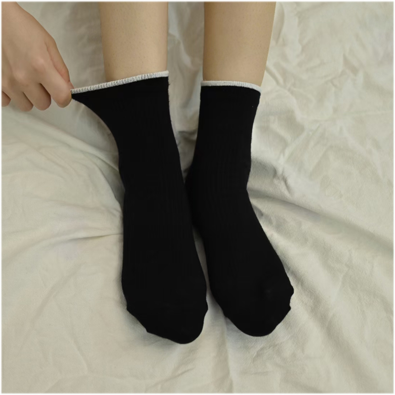 黑色简约纯色袜子长袜女复古堆堆袜欧美运动休闲中筒袜详情图1