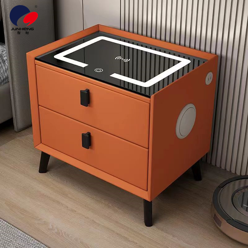 The smart bedside table is made of solid wood, modern, simple and luxurious. It is a popular multi-functional wireless charging, fingerprint lock and Bluetooth speaker details Picture