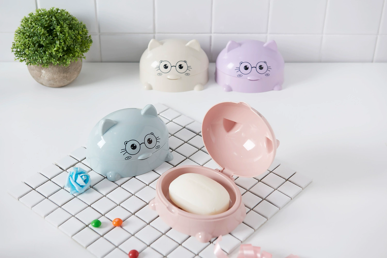 H72- Kitten Soap Box with Lid, Cartoon Soap Box, Draining Soap Box, Nordic Soap Tray, Large Soap Storage Box, Cartoon Kitten Soap Box with Lid detail image 3