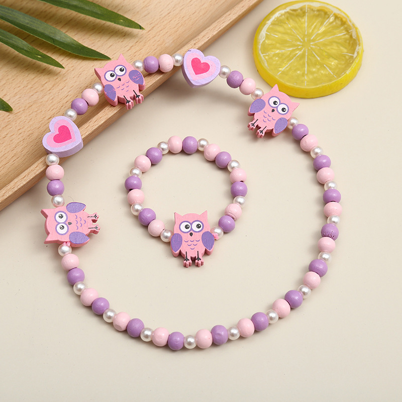 Purple Owl Creative New Children's Accessories Cartoon Animal Bracelet Bracelet Necklace Set Color Bead Set Wholesale Manufacturers Item Picture