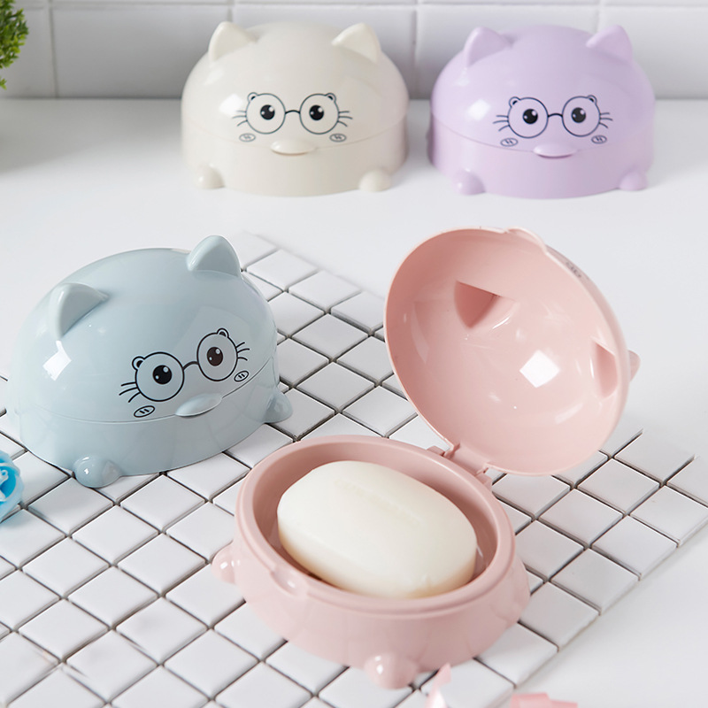 H72- Kitten Soap Box with Lid, Cartoon Soap Box, Draining Soap Box, Nordic Soap Tray, Large Soap Storage Box, Cartoon Kitten Soap Box with Lid details Picture