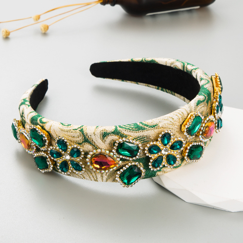 Green Headband Cross-Border New Hair Accessories Wholesale Europe And The United States Baroque Vintage Embroidery Cloth Glass Diamond Wide Edge Headband