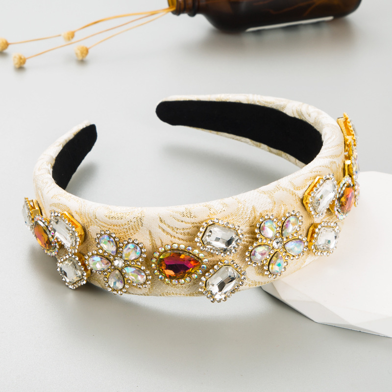Beige And White Headband Cross-Border New Hair Accessories Wholesale Europe And The United States Baroque Vintage Embroidery Cloth Glass Diamond Wide Edge Headband