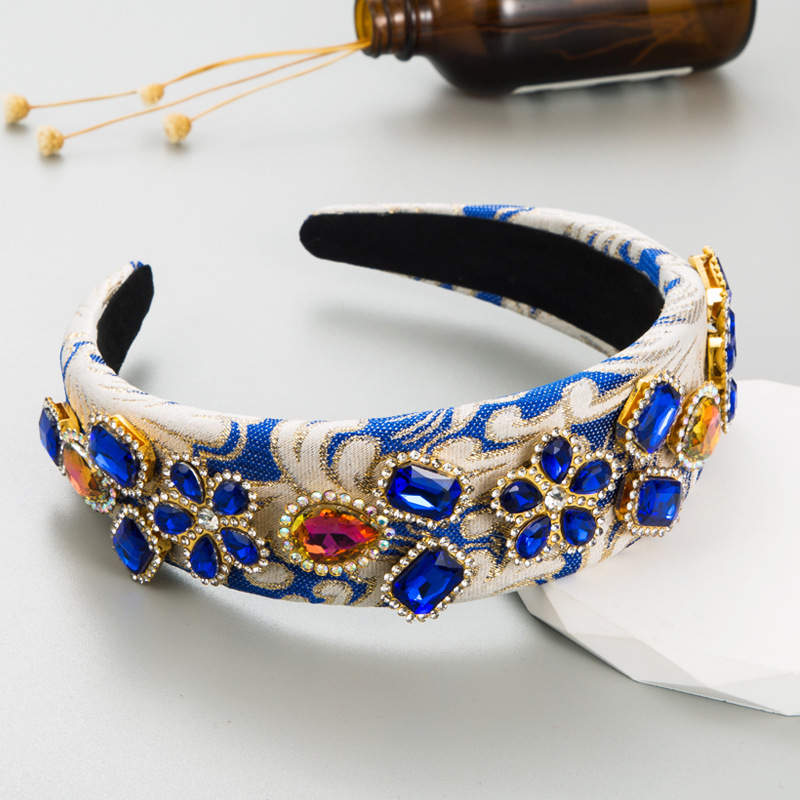 Blue Headband Cross-Border New Hair Accessories Wholesale Europe And The United States Baroque Vintage Embroidery Cloth Glass Diamond Wide Edge Headband