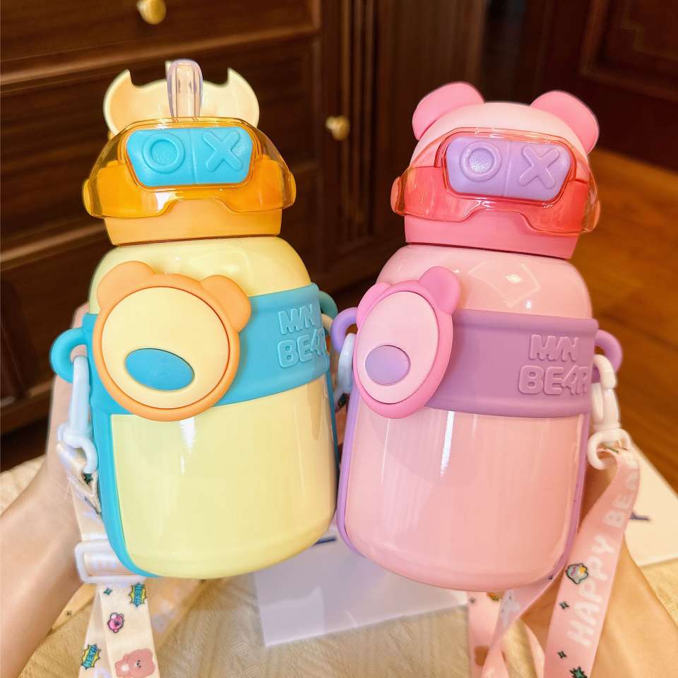 A32-AX-2380 Little Bear High Appearance Level Insulated Cup Children's Straw Cup Thickened slanted Cross stainless Steel Water cup details Picture