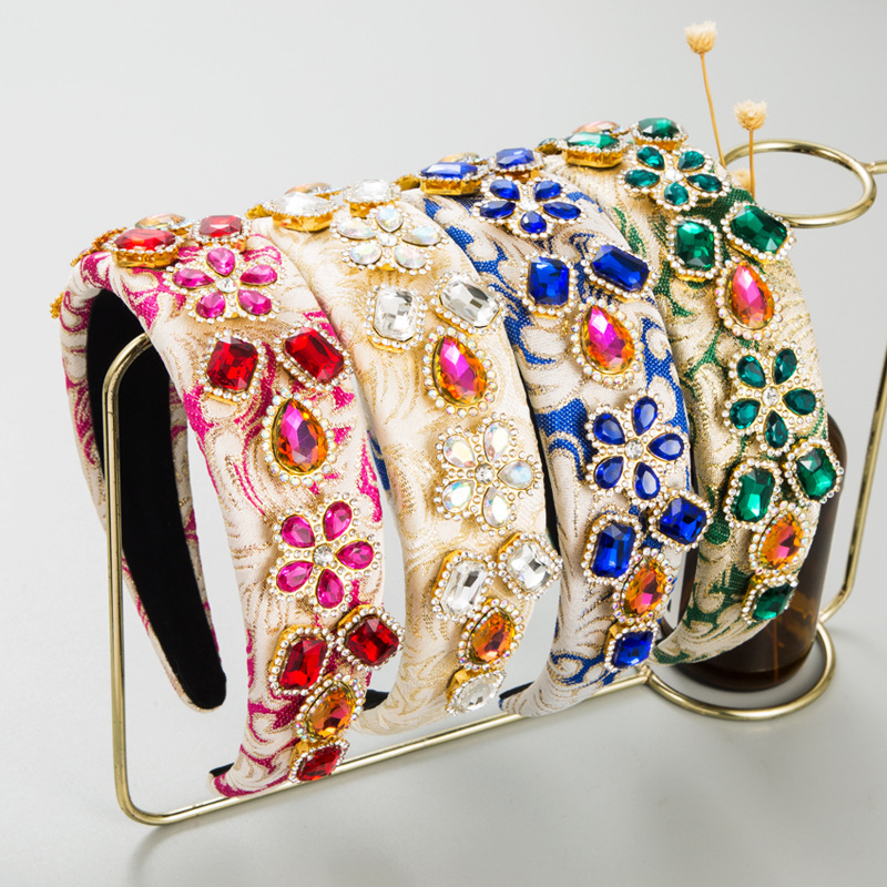 Green Headband Cross-Border New Hair Accessories Wholesale Europe And The United States Baroque Vintage Embroidery Cloth Glass Diamond Wide Edge Headband details Picture