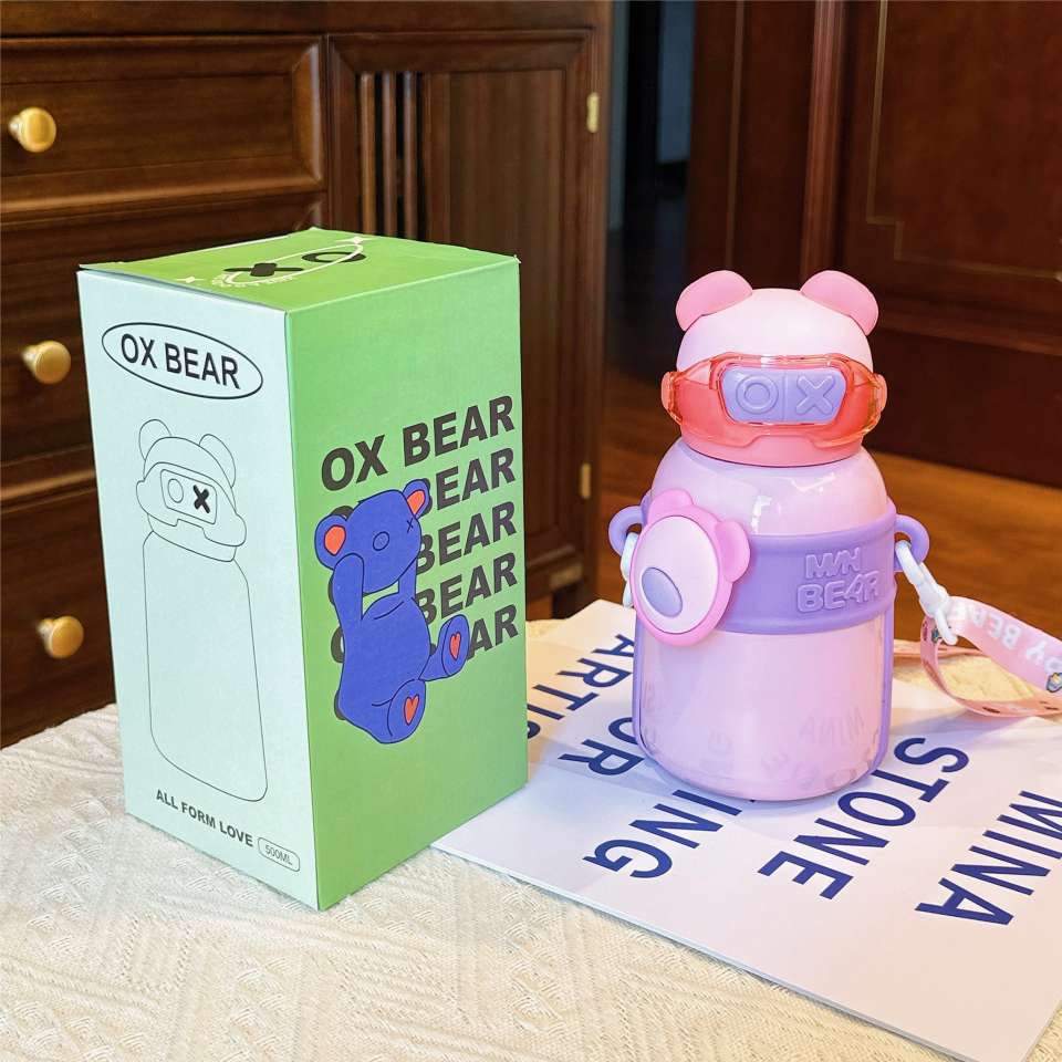 A32-AX-2380 Little Bear High Appearance Level Insulated Cup Children's Straw Cup Thickened slanted Cross stainless Steel Water cup Specification image