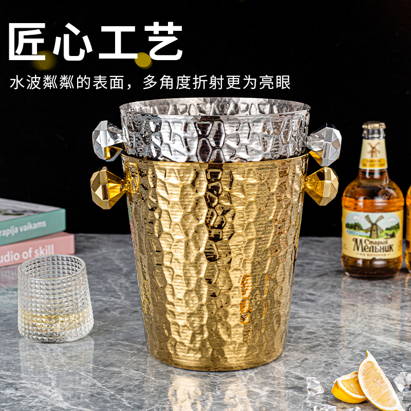Stainless steel tree-grain ice bucket, golden ice bucket, silver ice bucket, stainless steel ice granule bucket, wine bucket, champagne bucket, beer bucket, bar supplies, chilled beverage bucket, stainless steel ice bucket, ice wine bucket, restaurant Specification image