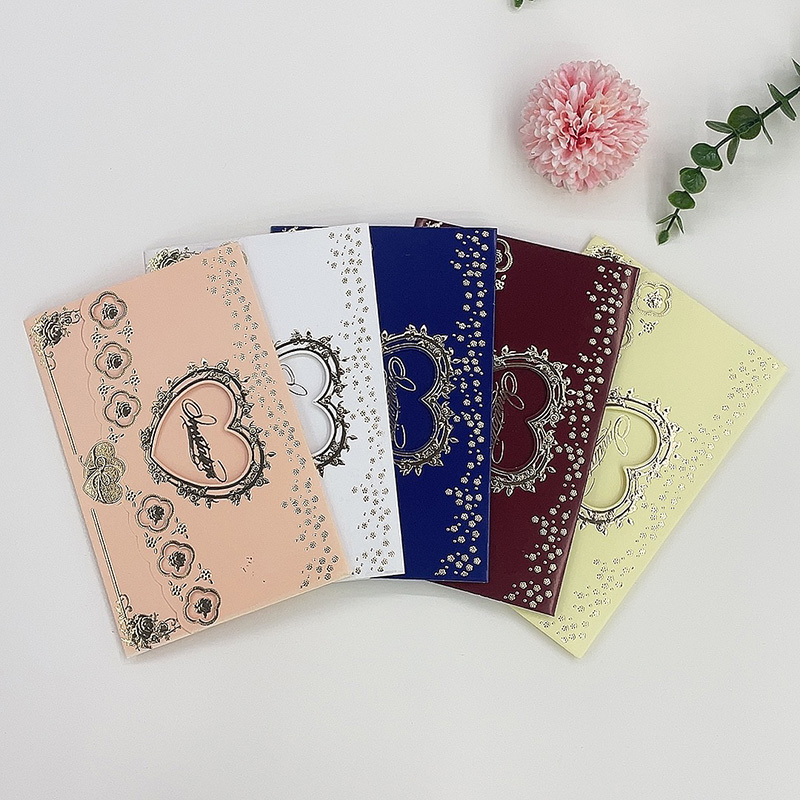 外贸专供现货定制非洲中东爱心烫金酒红黄粉三折结婚请柬感谢邀请函贺卡请帖带信封