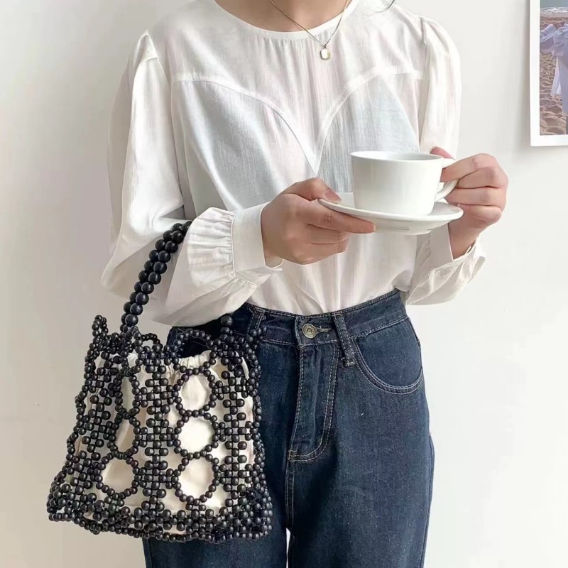 Wooden Bead Bag Single Shoulder Hand Fashion Beaded Bag Black Square Hollowed-Out Bag Round Wooden Bead Bag Europe And The United States Cross-Border All-Match Female Bag