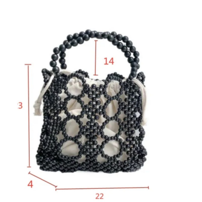 Wooden Bead Bag Single Shoulder Hand Fashion Beaded Bag Black Square Hollowed-Out Bag Round Wooden Bead Bag Europe And The United States Cross-Border All-Match Female Bag Specification drawing