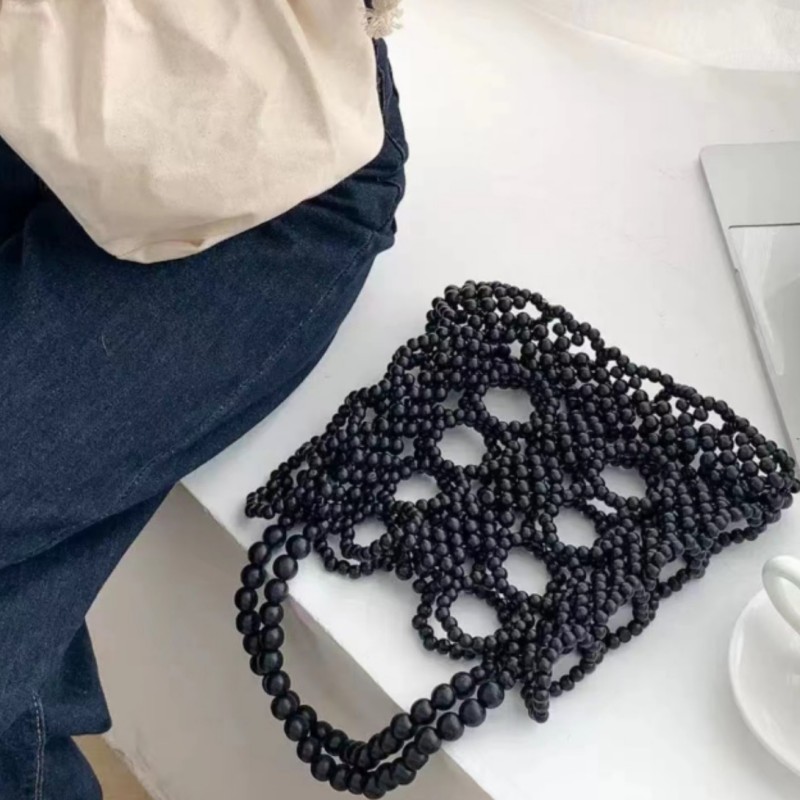 Wooden Bead Bag Single Shoulder Hand Fashion Beaded Bag Black Square Hollowed-Out Bag Round Wooden Bead Bag Europe And The United States Cross-Border All-Match Female Bag details Picture