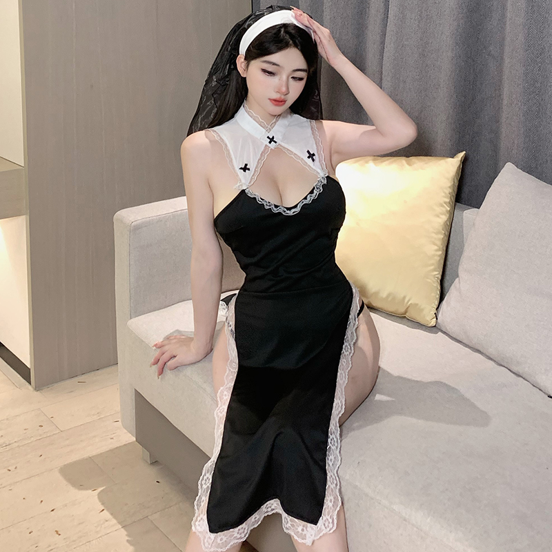 情趣内衣女性感高开叉纯色修女cosplay游戏装镂空裙套装2374