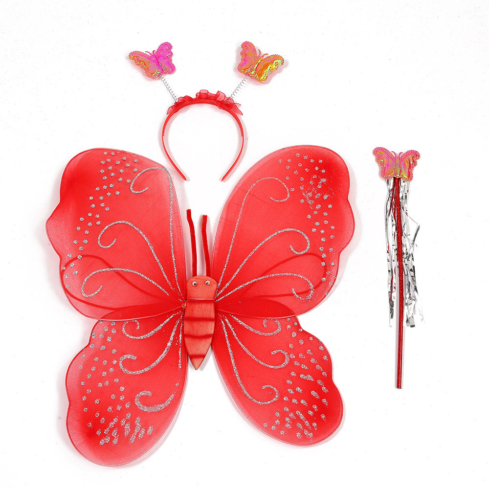 红色蝴蝶翅膀幼稚园活动道具元旦翅膀发箍权杖三件套演出配饰角色扮演表演服儿童派对用品                   