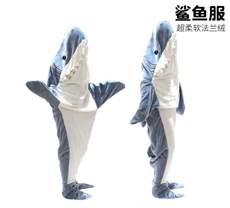 沙雕可穿式鲨鱼睡袋鲨鱼睡衣办公室午睡毯毛毯法兰绒搞怪礼物鲨鱼服cosplay