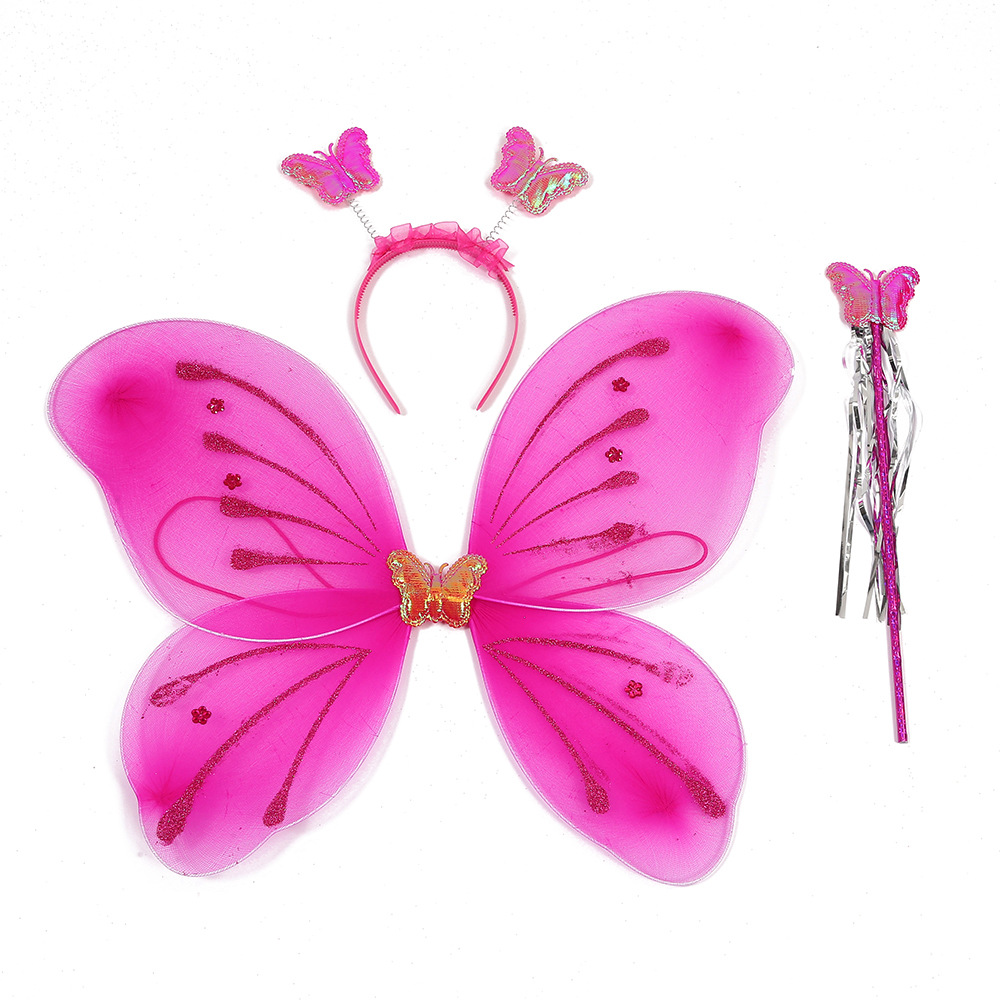 Rose pink fairy butterfly wings Kindergarten activities props New Year's Day wings headband scepter three-piece show accessories Role-play performance clothing Children's party supplies full figure