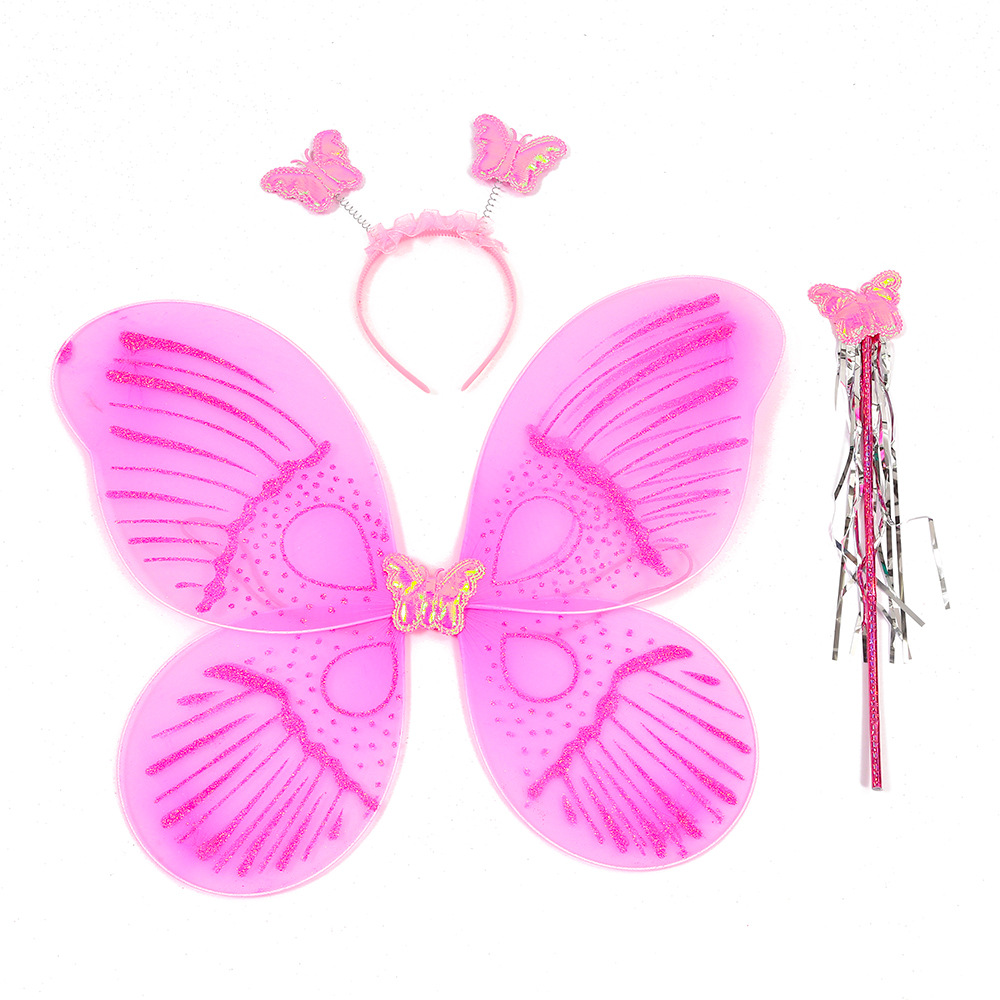 Pink butterfly wings Kindergarten activities props New Year's Day wings headband scepter three-piece set accessories Role play performance clothing Children's party supplies thumbnail