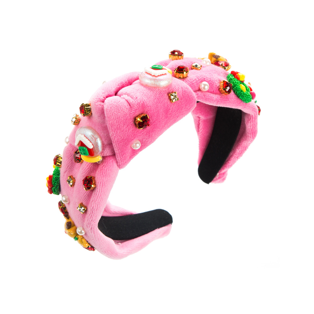 粉色秋冬新款个性糖果配饰发箍女圣诞老人雪花节日头箍高品质绒布发饰                            